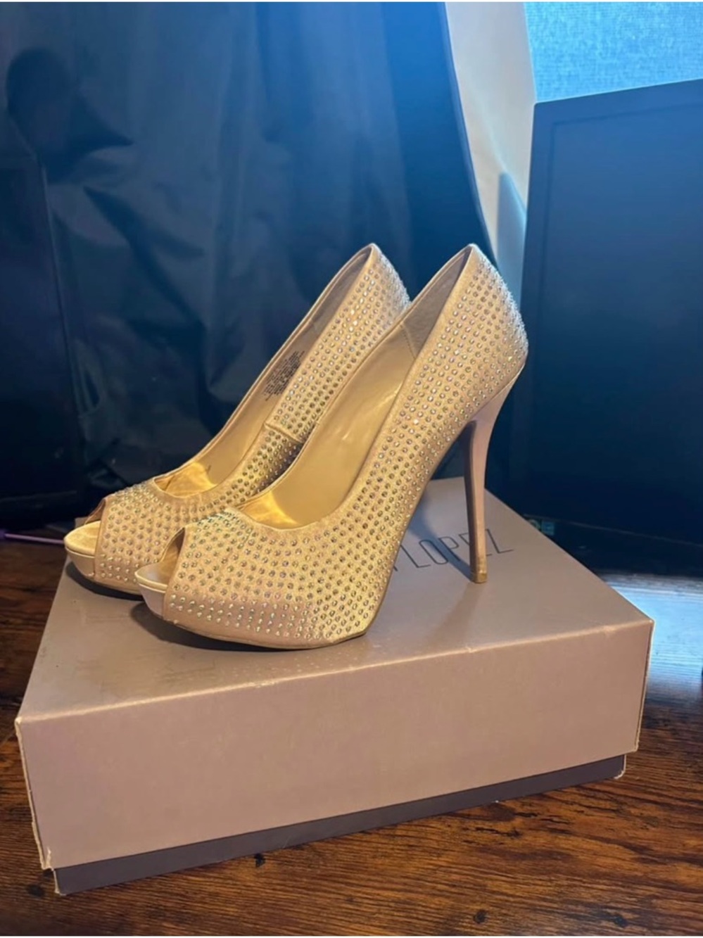 Jennifer Lopez Champagne Crystal Peep-Toe Stilettos